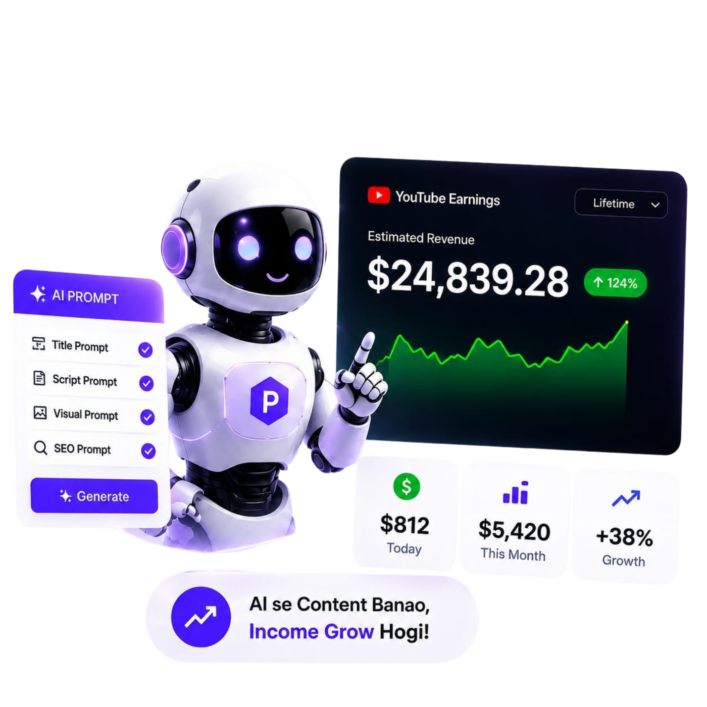 AI robot presenting a YouTube earnings dashboard at $24,839.28 with rising revenue, prompt checklist and stat cards